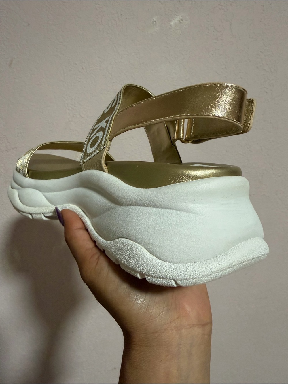 Michael Kors Gold Logo Strap Platform Sandals with White Sole - Picture 4 of 7